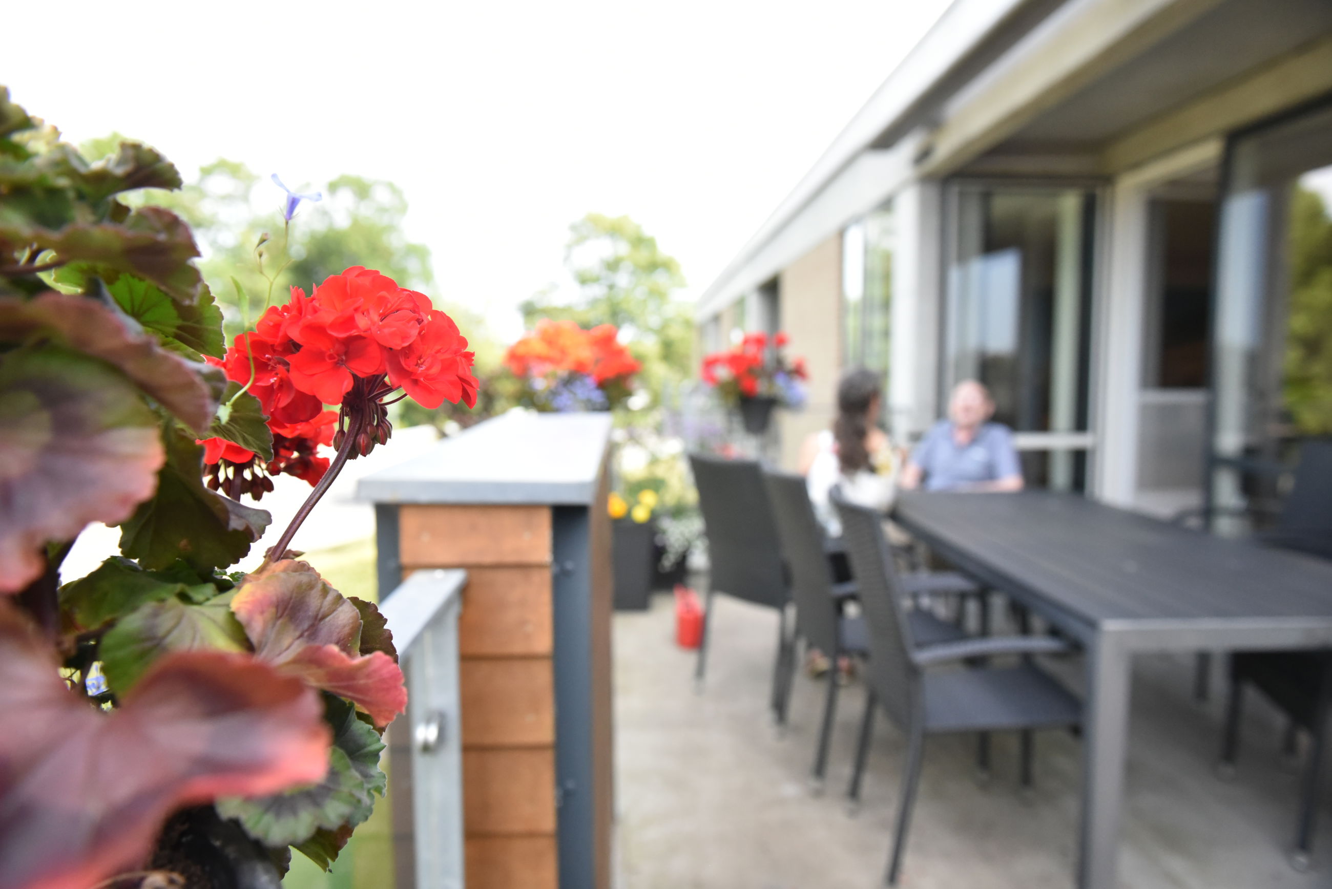 Terrasse med blomsterkummer hos Kollektivhuset