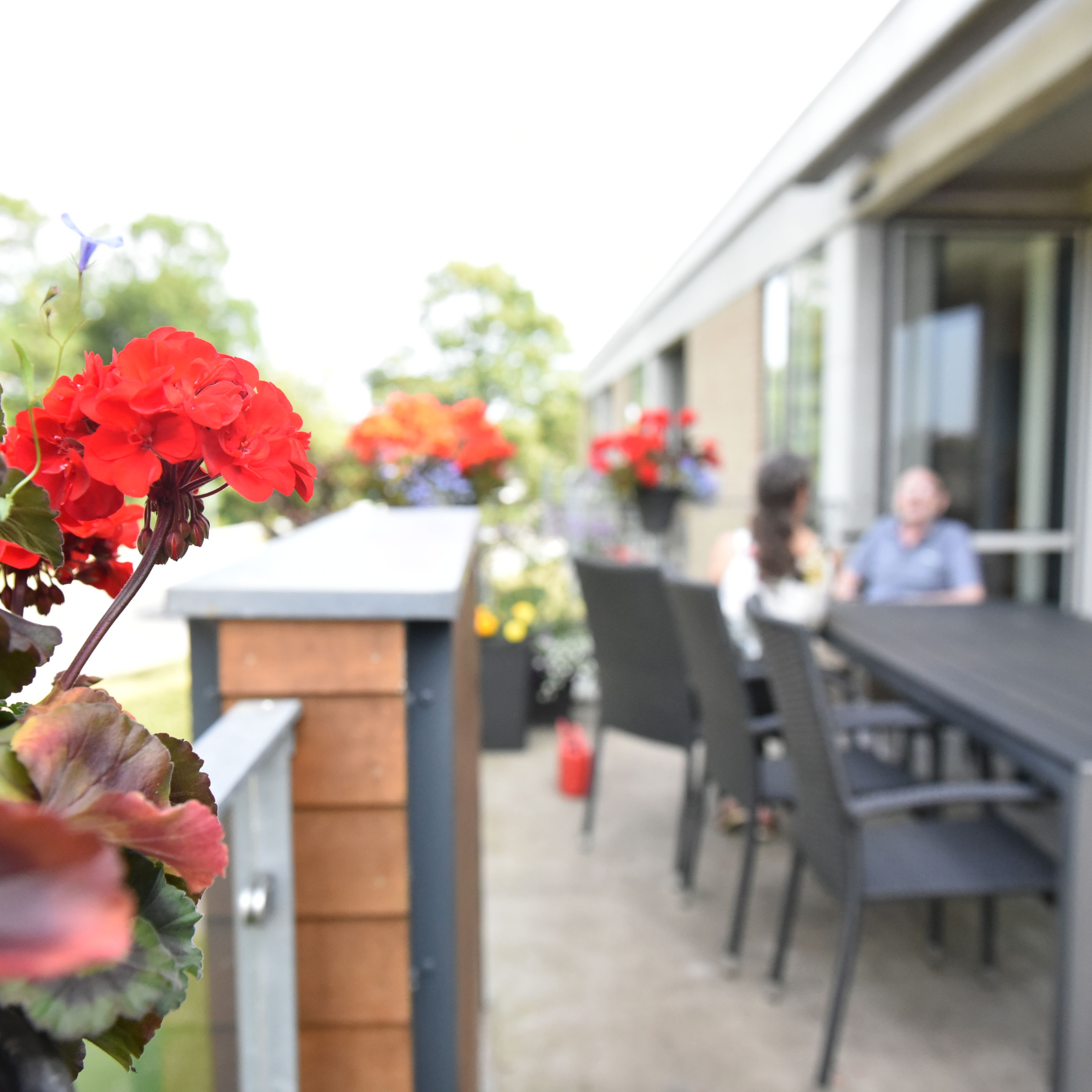 Terrasse med blomsterkummer hos Kollektivhuset