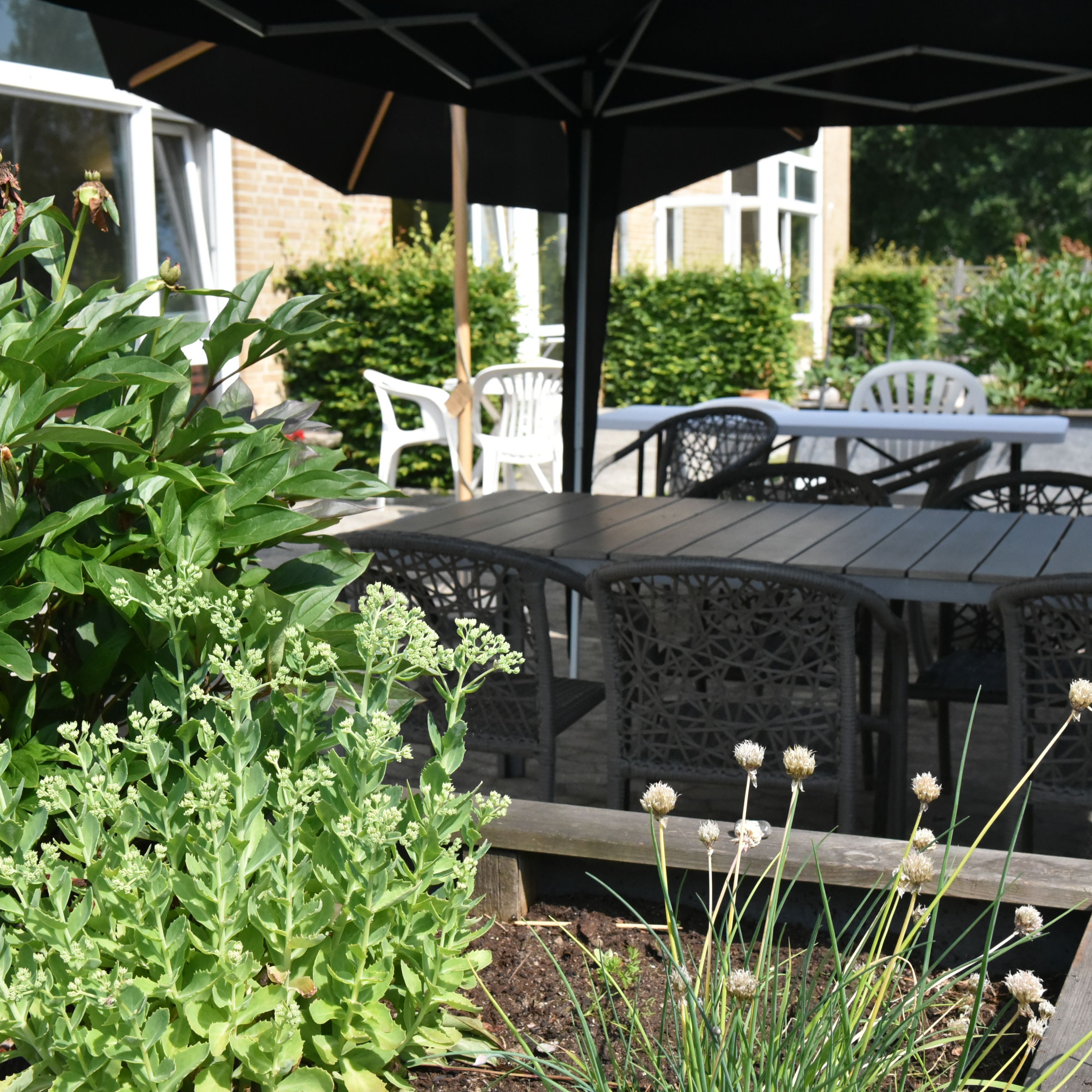 Overdækket terrasse og blomsterbed hos Kollektivhuset